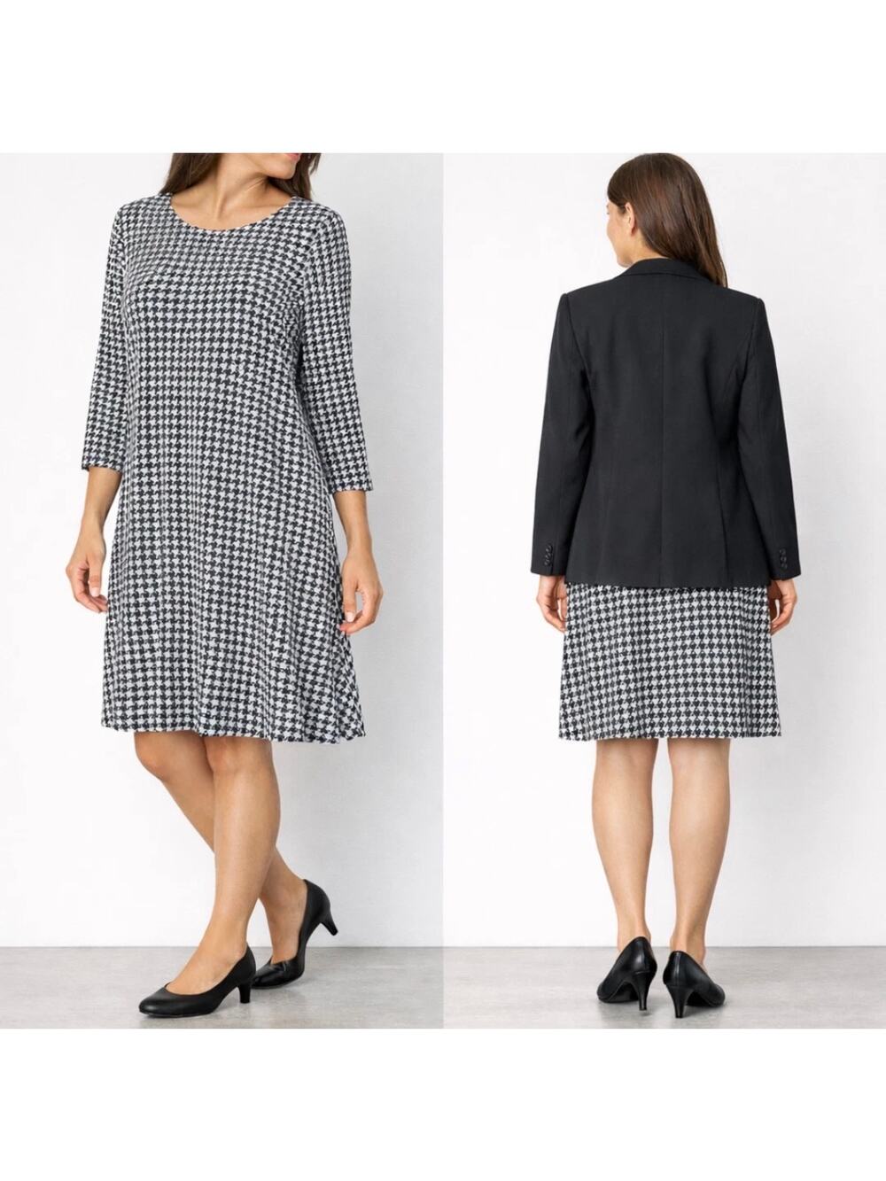 J. Jill Wearever Houndstooth Shift Dress Womens Medium Black White Career Knit